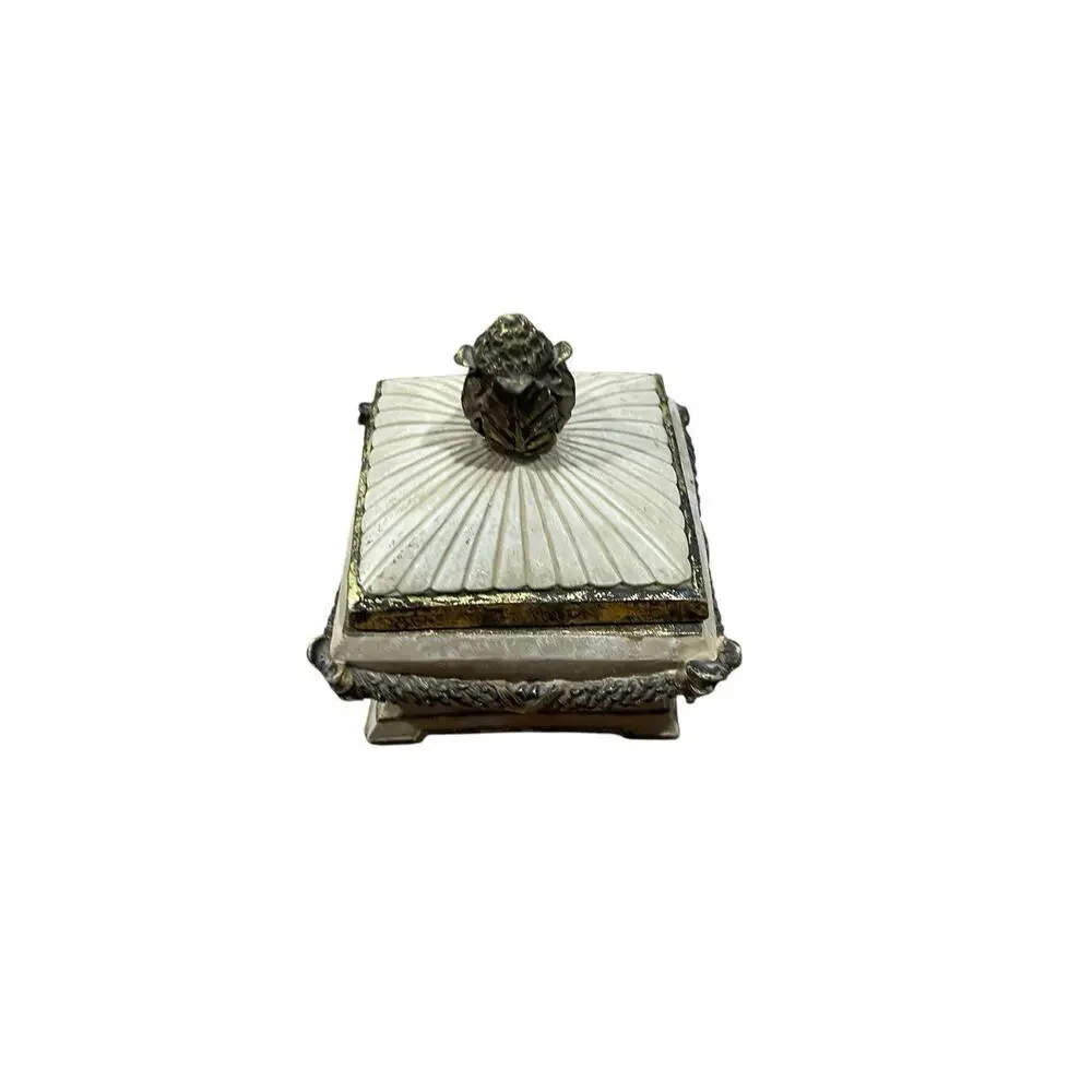 Ornate Florentine Trinket Bowl with Lid Cream Gold Jewelry Box Ceramic Box